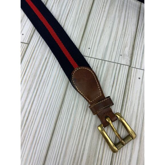 Vintage 90s Dooney & Bourke Wool Surcingle Blue Red Stripe Belt Brass Leather 30 - Picture 5 of 8